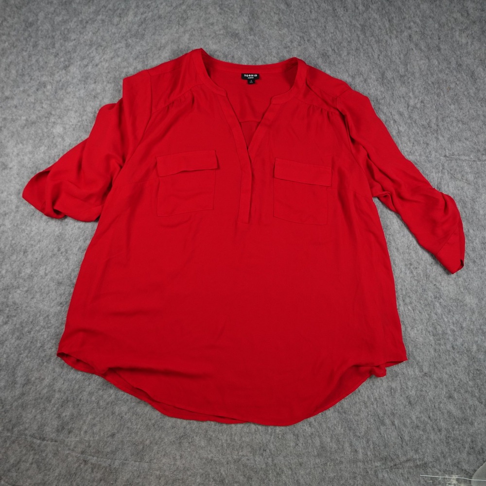 Torrid Top Women 2X Red Harper Georgette Pullover V Neck Roll Tab Blouse Office